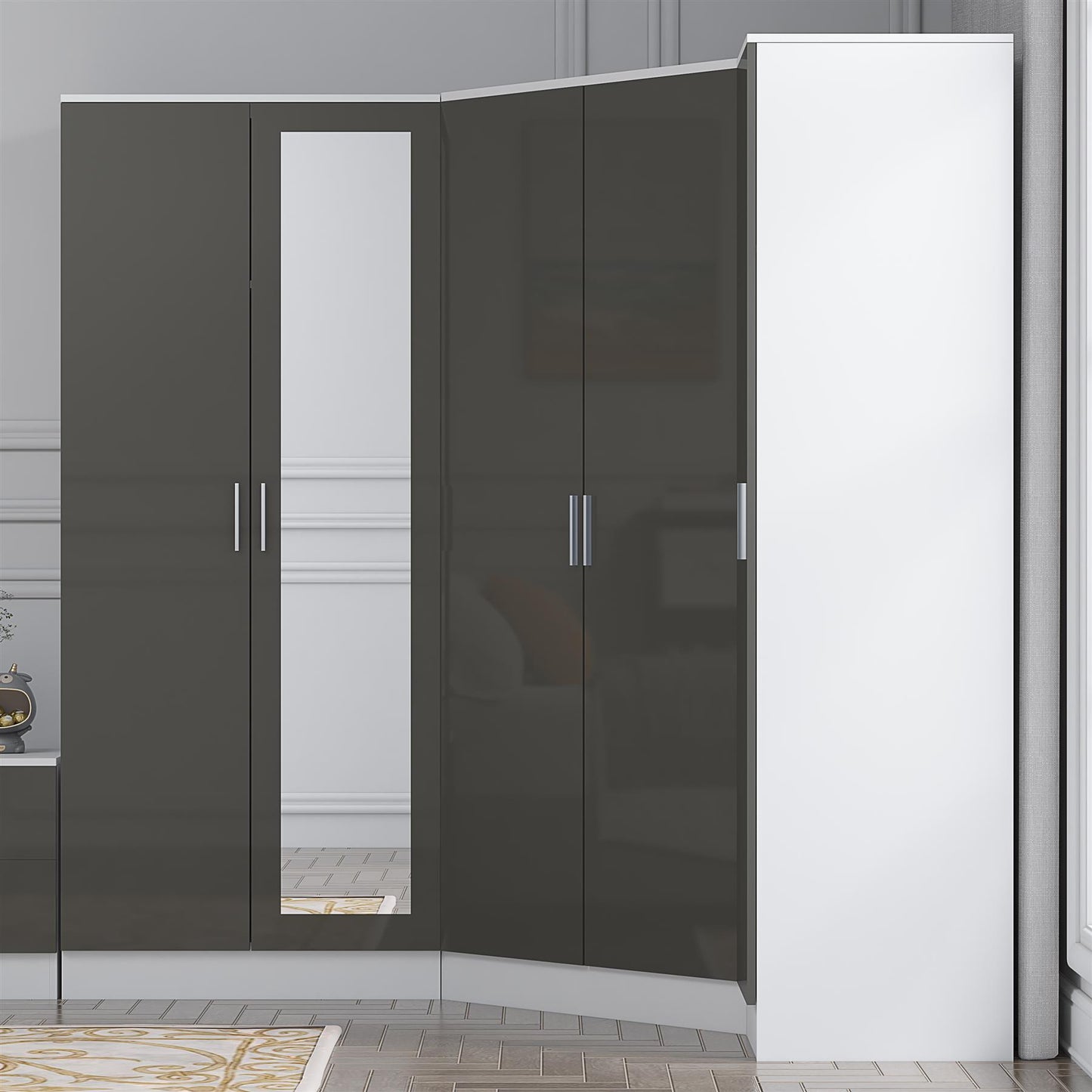 Reflect 3pc Wardrobe Bundle - 2 Door Corner + 2 Door Mirror + 1 Door Plain - Grey Gloss & Matt White