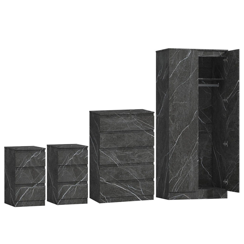 ZITA Grey Marble Effect 4 Piece Bedroom Set - 2 Door Wardrobe, Tall Chest & 2 Bedside Tables, Stylish Storage Solution