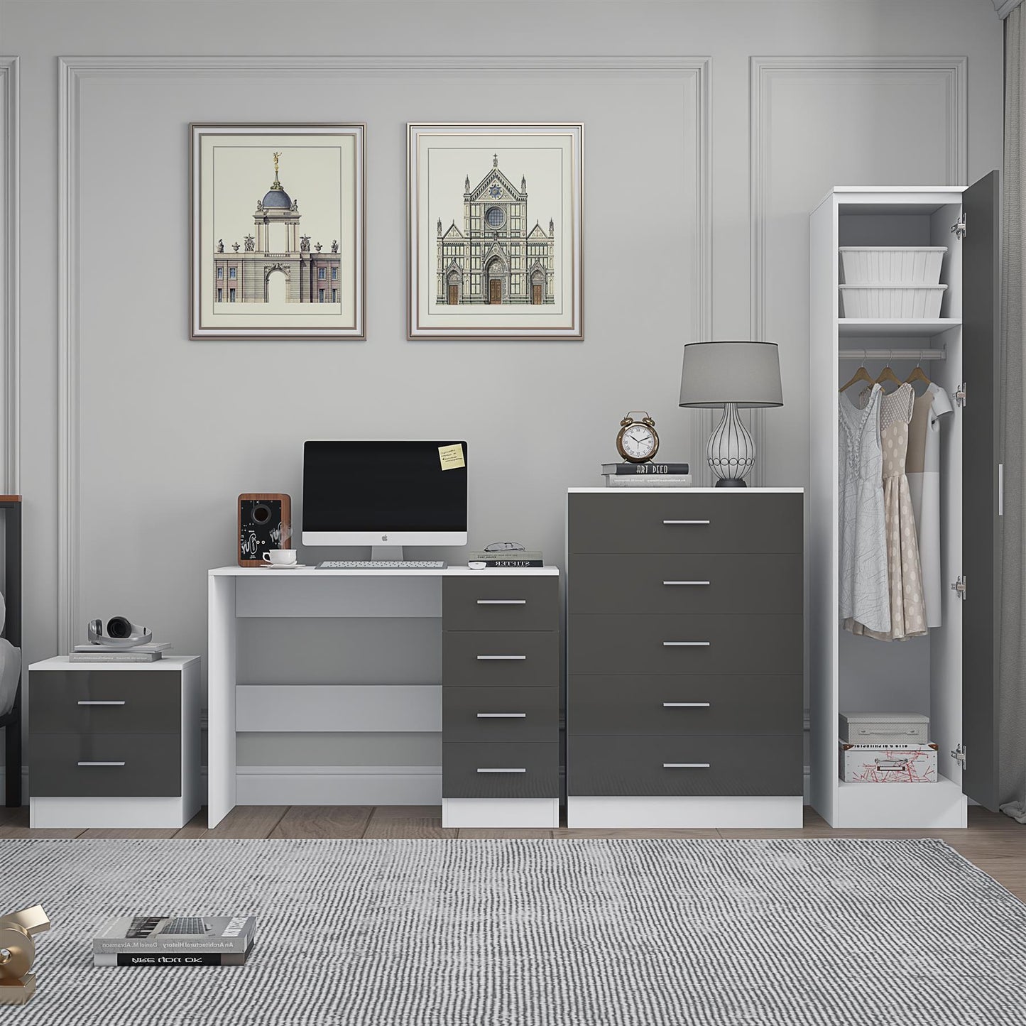 REFLECT Gloss 4pc Bedroom Set - 1 Door Wardrobe + 5 Draw Chest + Bedside + Desk