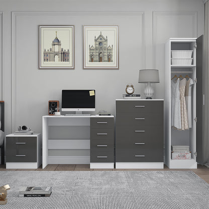 REFLECT Gloss 4pc Bedroom Set - 1 Door Wardrobe + 5 Draw Chest + Bedside + Desk