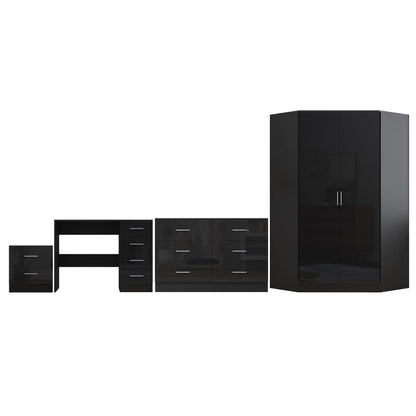 Reflect 2 Door Corner Wardrobe, 6 Drawer Chest, 2 Drawer Bedside & Desk - Black Gloss & Black Oak - Bedroom Furniture Set