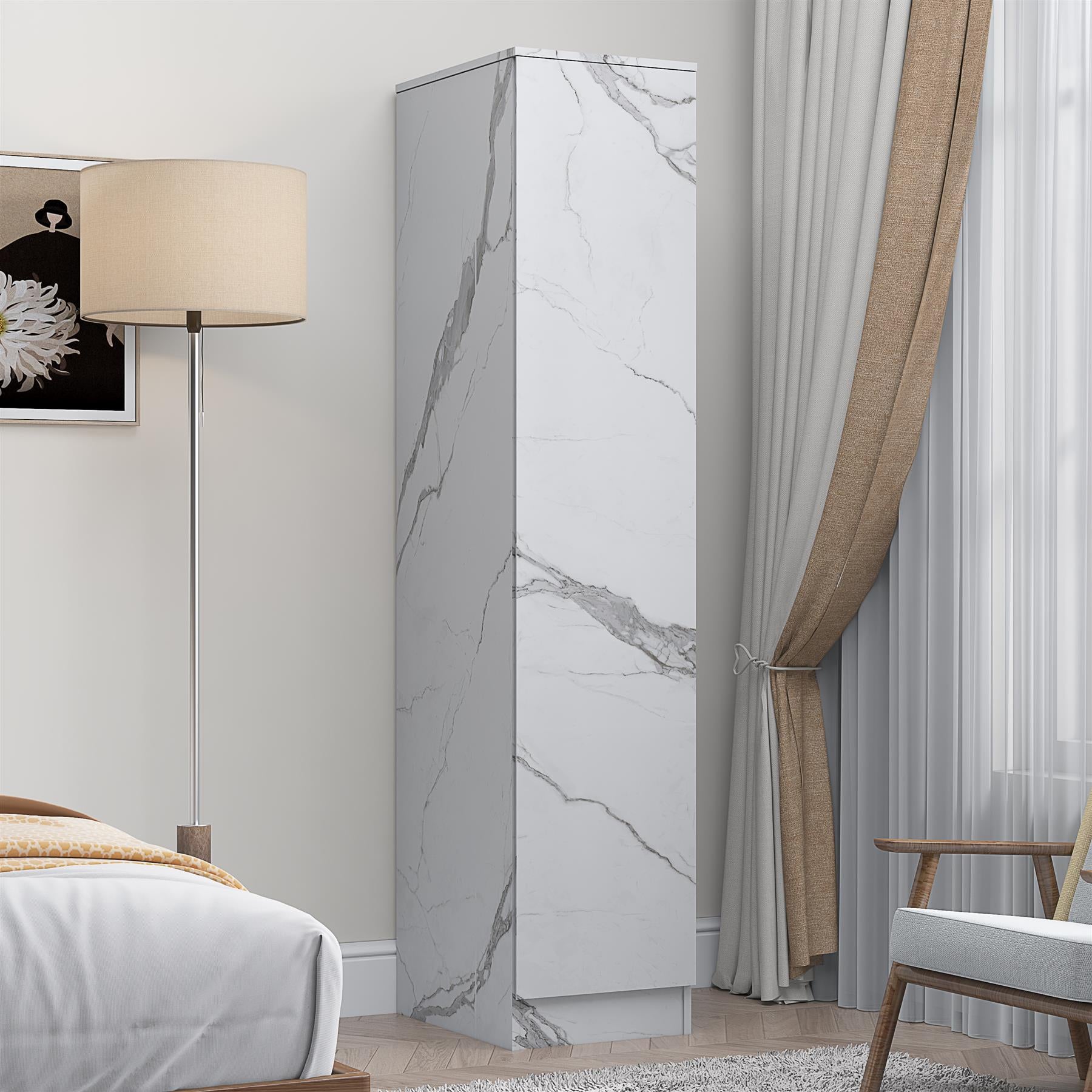 ZITA Compact 1-Door Wardrobe in White Marble Effect - Bedroom Storage, Stylish and Space-Saving