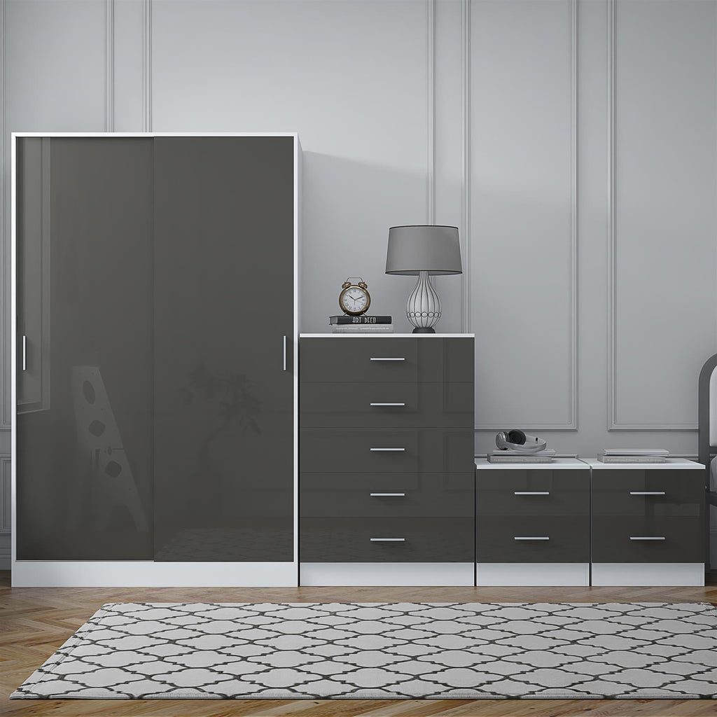REFLECT Gloss 4pc Set - 2 Door Sliding Wardrobe + 5 Draw Chest + 2 Bedsides