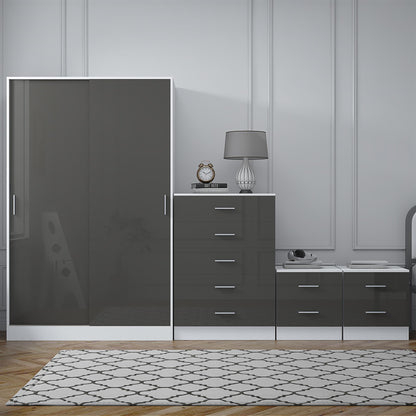 REFLECT Gloss 4pc Set - 2 Door Sliding Wardrobe + 5 Draw Chest + 2 Bedsides