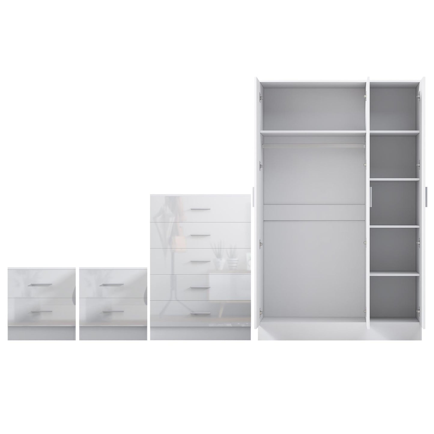 Reflect 3 Door Plain Wardrobe, 5 Drawer Chest, 2x 2 Drawer Bedsides - White Gloss & Matt White - Modern Bedroom Furniture Set