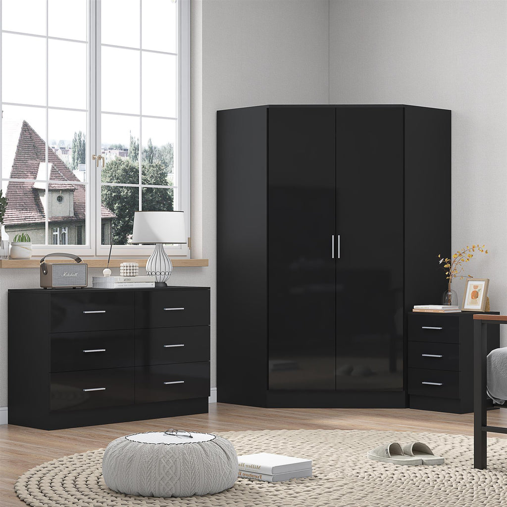 REFLECT - 2 Door CORNER + 6 Drawer Chest + 3 Drawer Bedside - Gloss Black / Matt Black