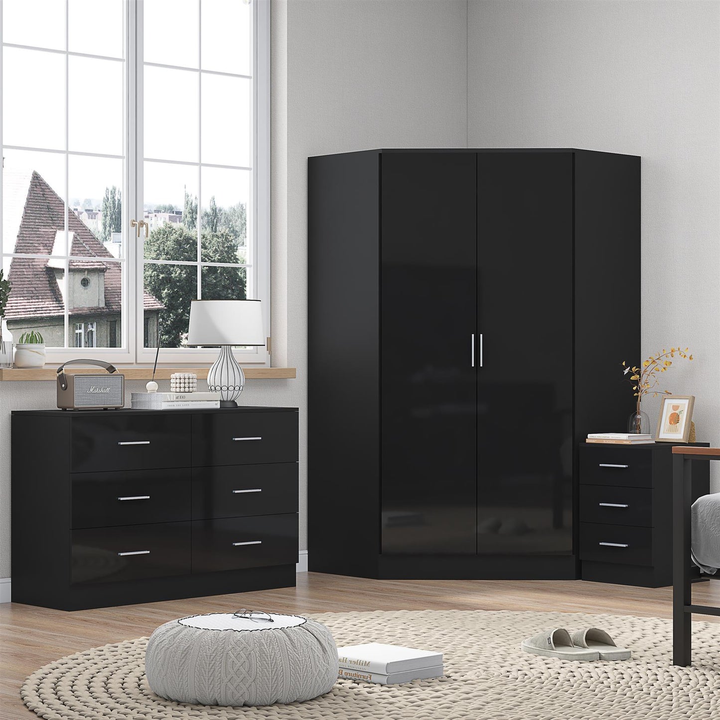 Reflect 2 Door Corner Wardrobe, 6 Drawer Chest, 3 Drawer Bedside - Black Gloss & Black Oak - Bedroom Furniture Set