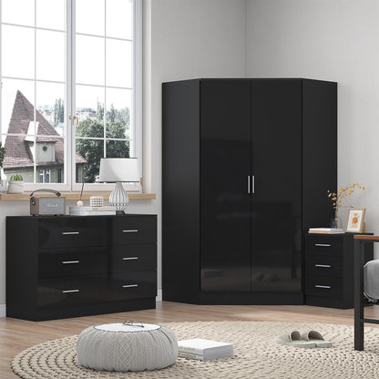 Reflect 2 Door Corner Wardrobe, 6 Drawer Chest, 3 Drawer Bedside - Black Gloss & Black Oak - Bedroom Furniture Set