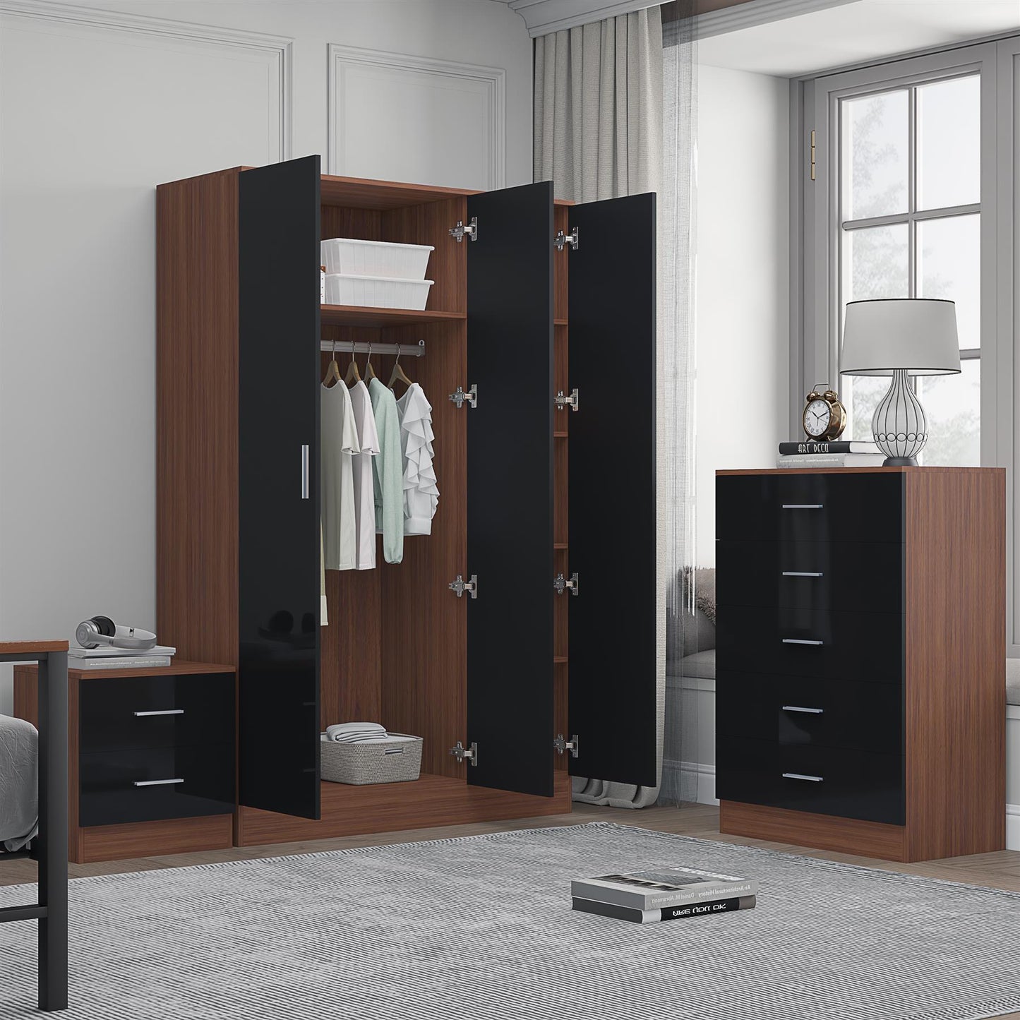Reflect 3 Door Plain Wardrobe, 5 Drawer Chest, 2 Drawer Bedside - Black Gloss & Walnut - Modern Bedroom Furniture Set