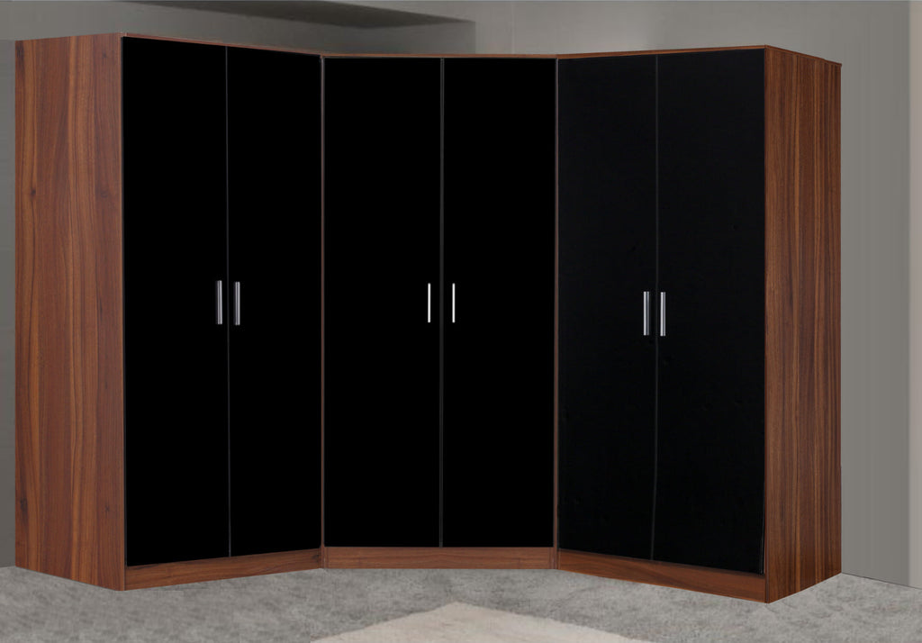 Reflect 3pc Wardrobe Bundle - 2 Door Corner + 2x 2 Door Plain - Black Gloss & Walnut - H: 180cm x W: 179cm x D: 103cm