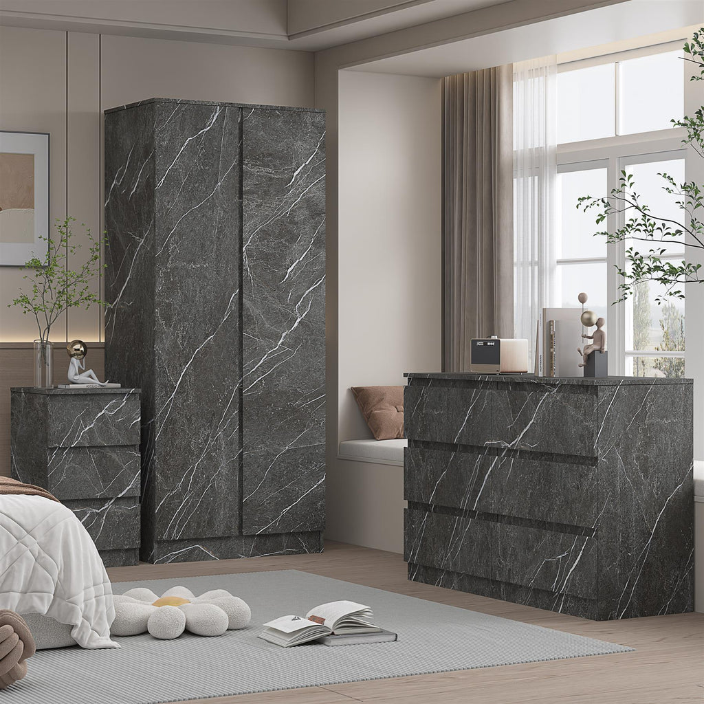 ZITA Grey Marble Effect 3 Piece Bedroom Set - 2 Door Wardrobe, 6 Drawer Chest & 3 Drawer Bedside, Stylish Bedroom Storage