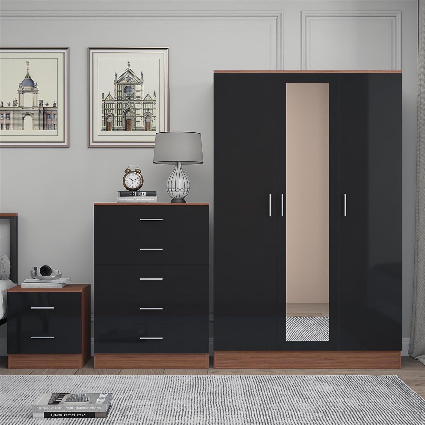 REFLECT Gloss 3pc Set - 3 Door Mirrored Wardrobe + 5 Draw Chest + Bedside