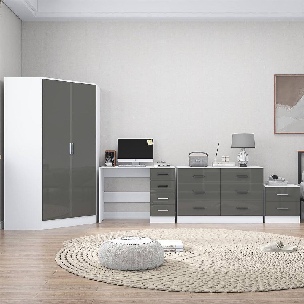 REFLECT - 2 Door CORNER + 6 Drawer Chest + 2 Drawer Bedside + 4 Drawer Desk - Gloss Grey / Matt White