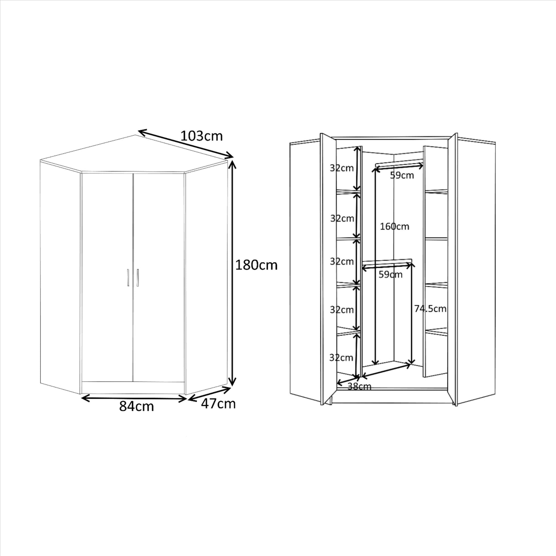Reflect 2 Door Corner Wardrobe, 5 Drawer Chest, 2 Drawer Bedside - Grey Gloss & Matt White - Bedroom Furniture Set