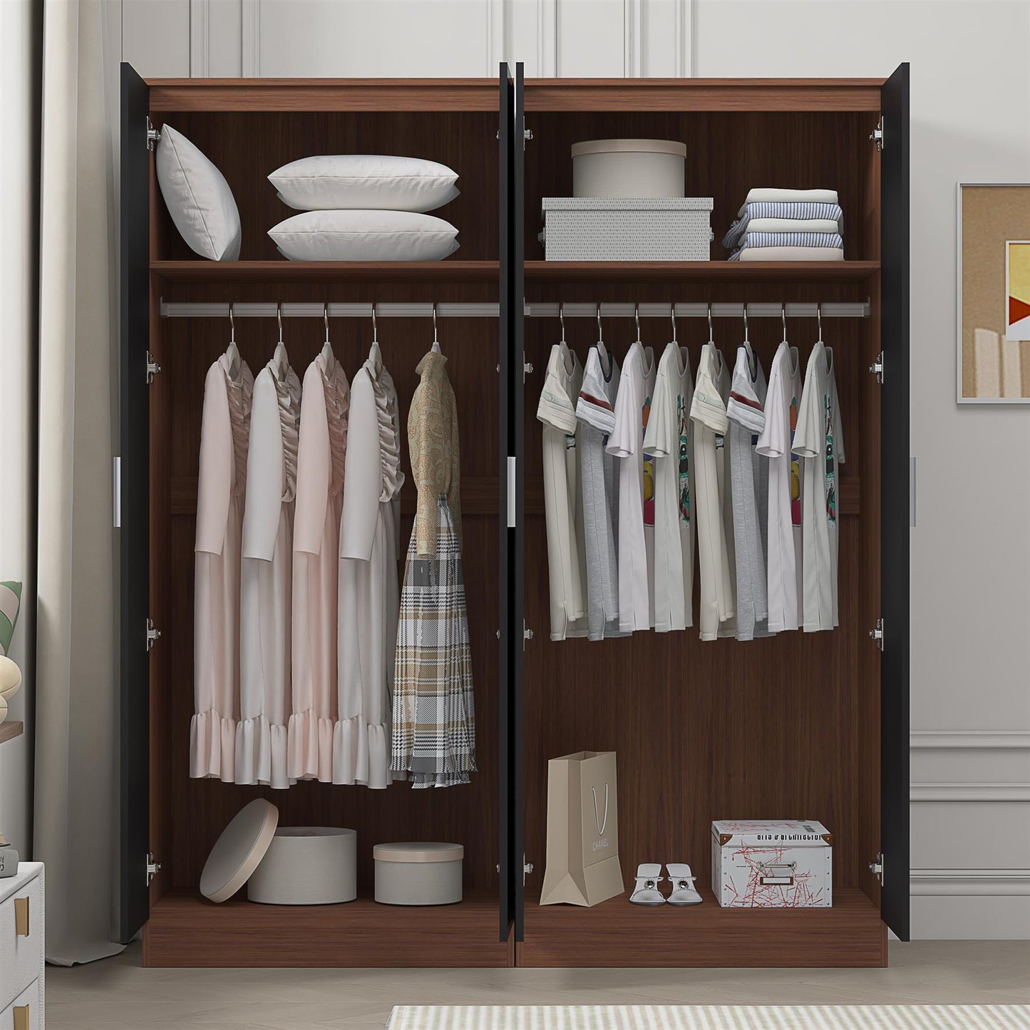 Reflect 2x 2 Door Plain Wardrobe Bundle - Black Gloss & Walnut - Hanging Rails & Shelves - Modern Sleek Design