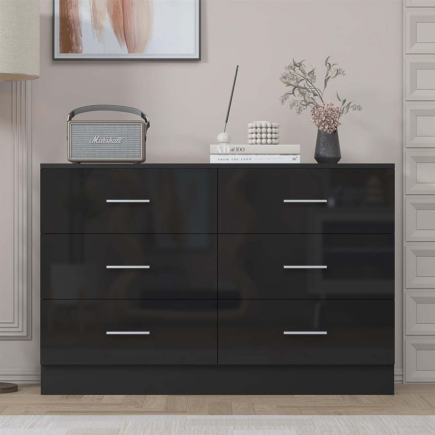 REFLECT Gloss Bedroom Furniture Wide 6 Drawer Chest of Drawers - 4 Colour Option