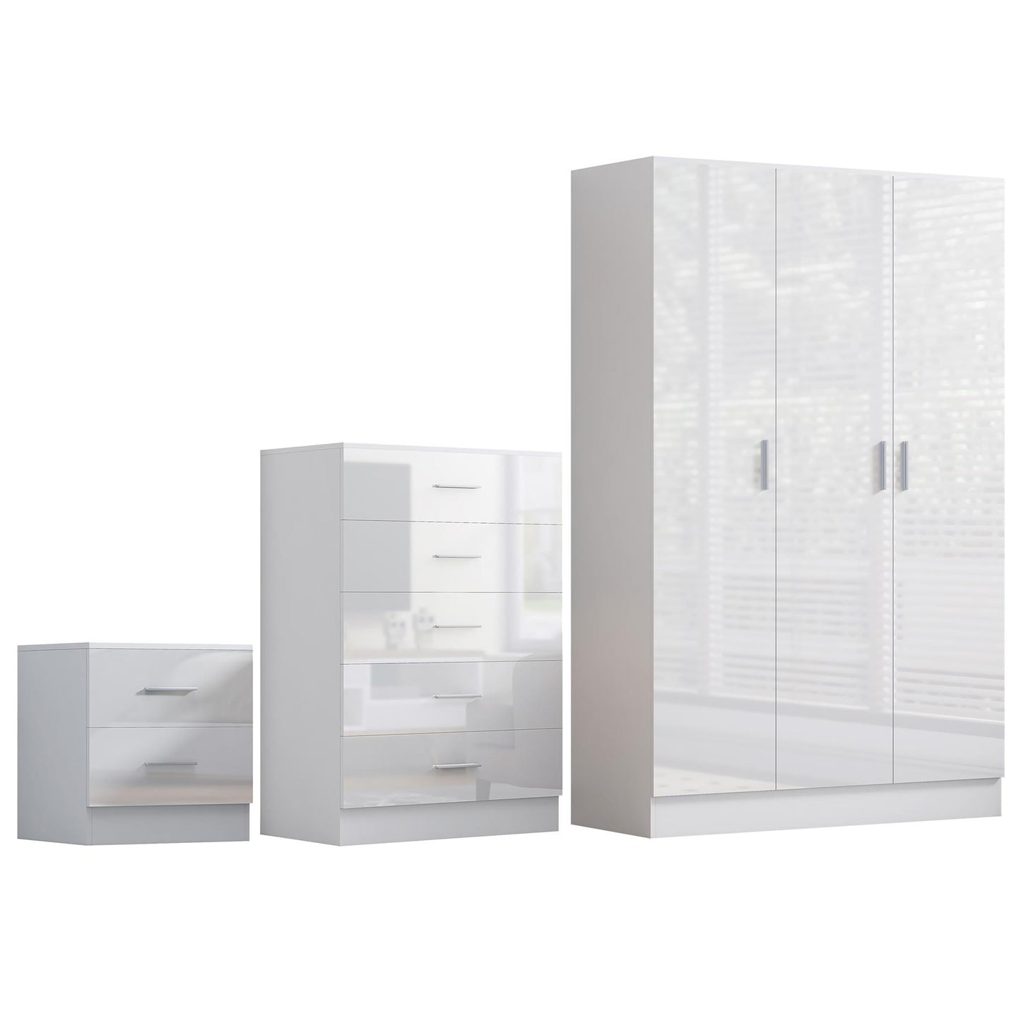 REFLECT Gloss 3pc Bedroom Set - 3 Door Wardrobe + 5 Draw Chest + Bedside