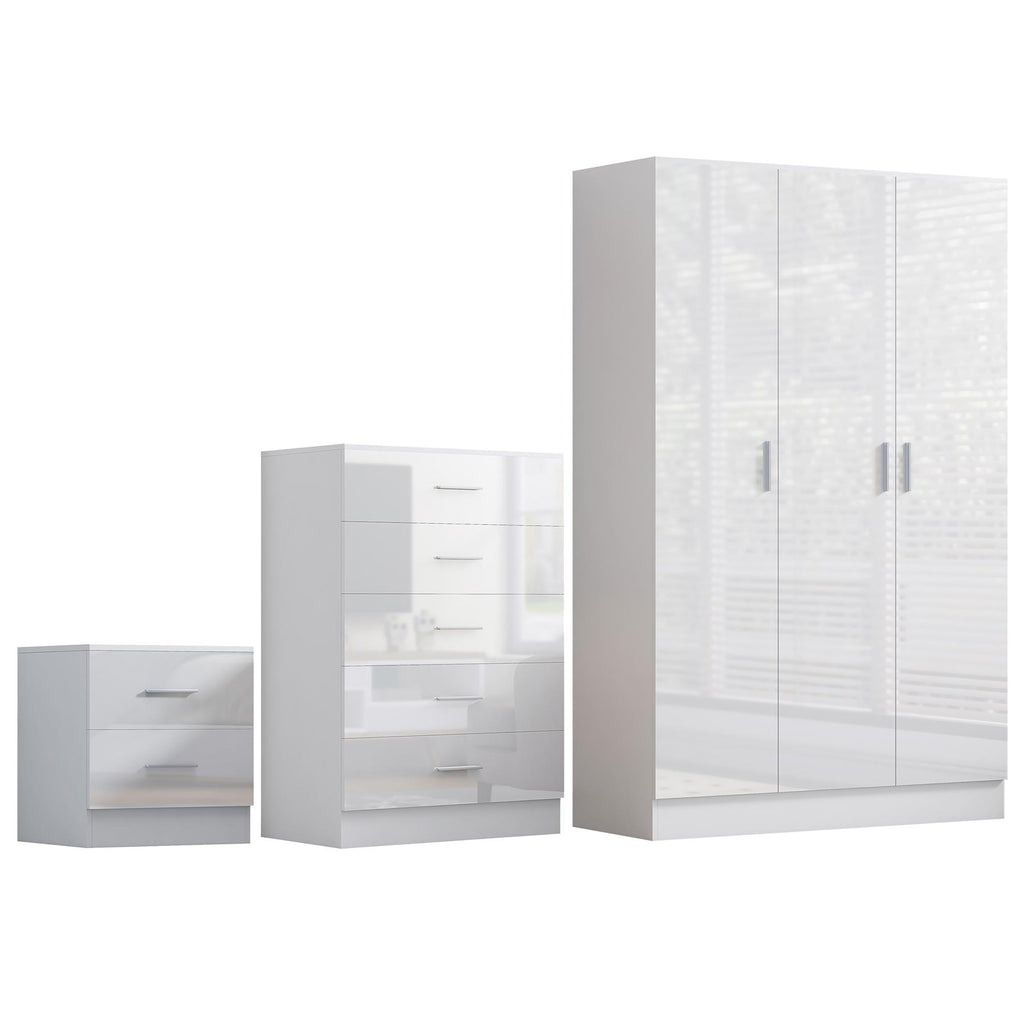 Reflect 3 Door Plain Wardrobe, 5 Drawer Chest, 2 Drawer Bedside - White Gloss & Matt White - Modern Bedroom Furniture Set
