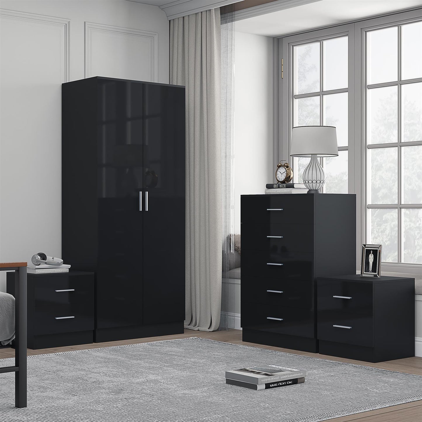 Reflect 2 Door Plain Wardrobe, 5 Drawer Chest, 2x 2 Drawer Bedsides - Black Gloss & Black Oak - Modern Bedroom Furniture Set