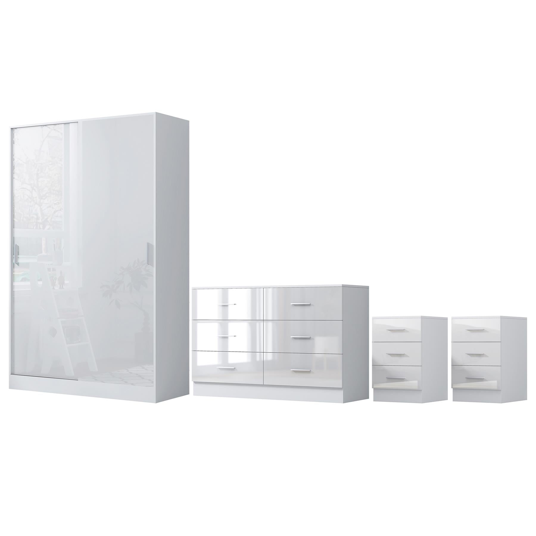 Reflect 2 Door Sliding Wardrobe, 6 Draw Wide Chest, 2x3 Drawer Bedsides - White Gloss & Matt White - Modern Bedroom Furniture Set