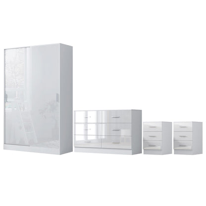 Reflect 2 Door Sliding Wardrobe, 6 Draw Wide Chest, 2x3 Drawer Bedsides - White Gloss & Matt White - Modern Bedroom Furniture Set