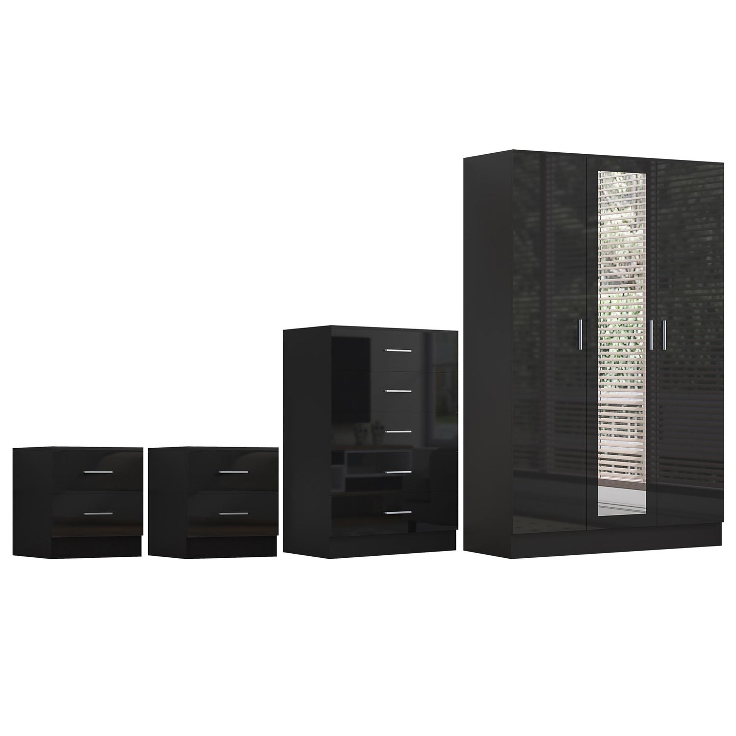 REFLECT Gloss 4pc Set - 3 Door Mirrored Wardrobe + 5 Draw Chest + 2 Bedsides