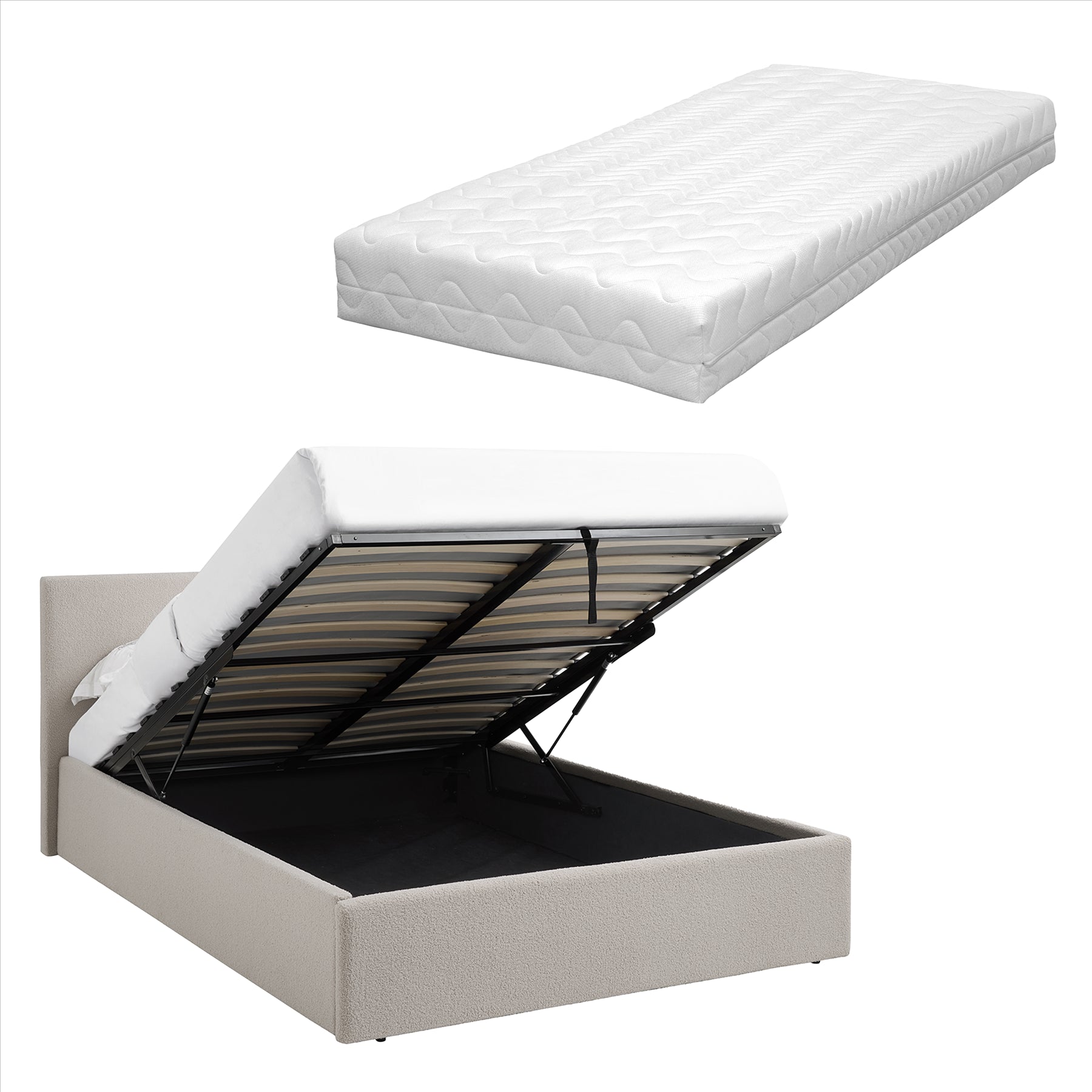 TEDDY BOUCLE 5FT King Beige Ottoman Storage Bed Gas Lift Up - (L) 220cm x (W) 170cm (H) 113cm with Memory Foam & Spring Mattress