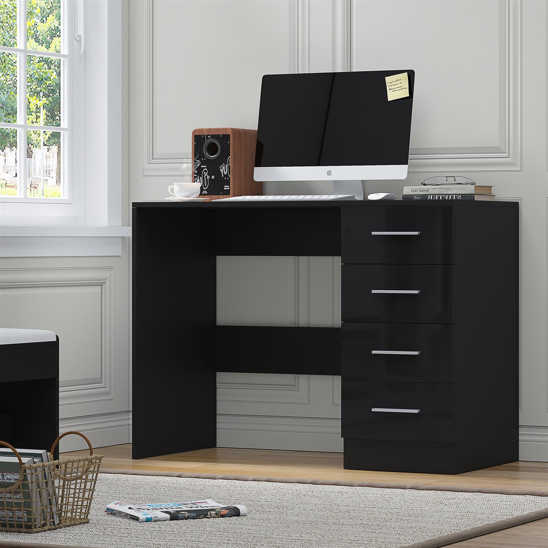 Reflect 4 Drawer Desk - Black Gloss & Black Oak - Modern Bedroom Storage for Vanity, Work or Study