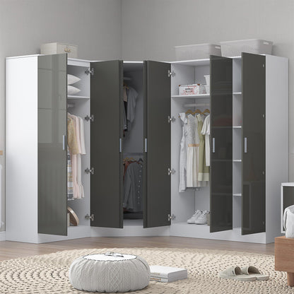 Reflect 4pc Wardrobe Bundle - 2 Door Corner + 3 Door Plain + 2 Door Plain - Grey Gloss & Matt White