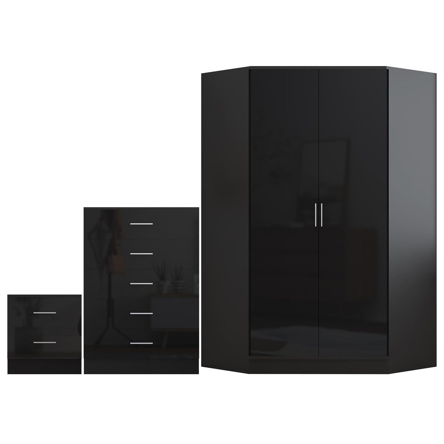 REFLECT Gloss 3pc Set - 2 Door Corner Wardrobe + 5 Draw Chest + Bedside