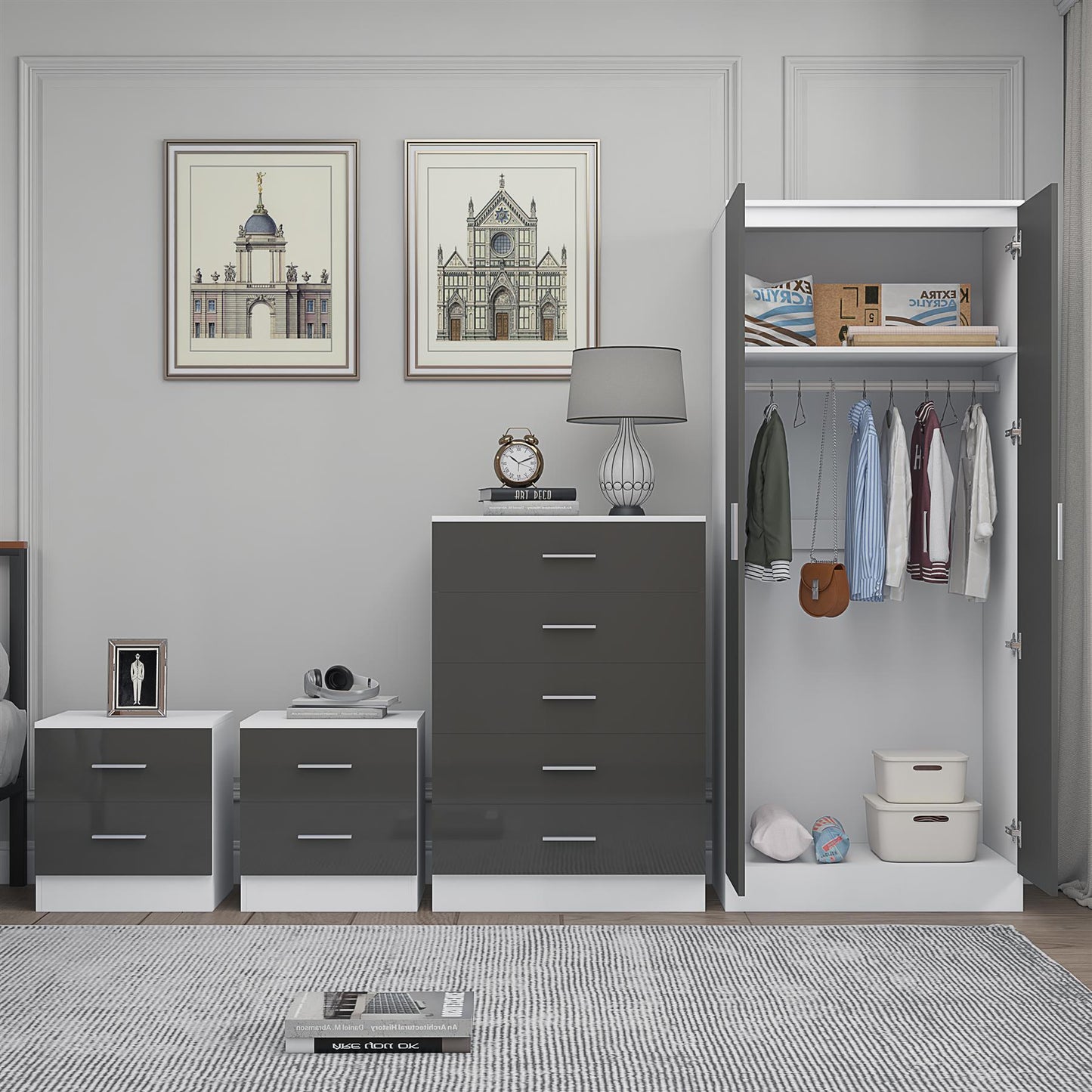 REFLECT Gloss 4pc Bedroom Set - 2 Door Wardrobe + 5 Draw Chest + 2 Bedsides