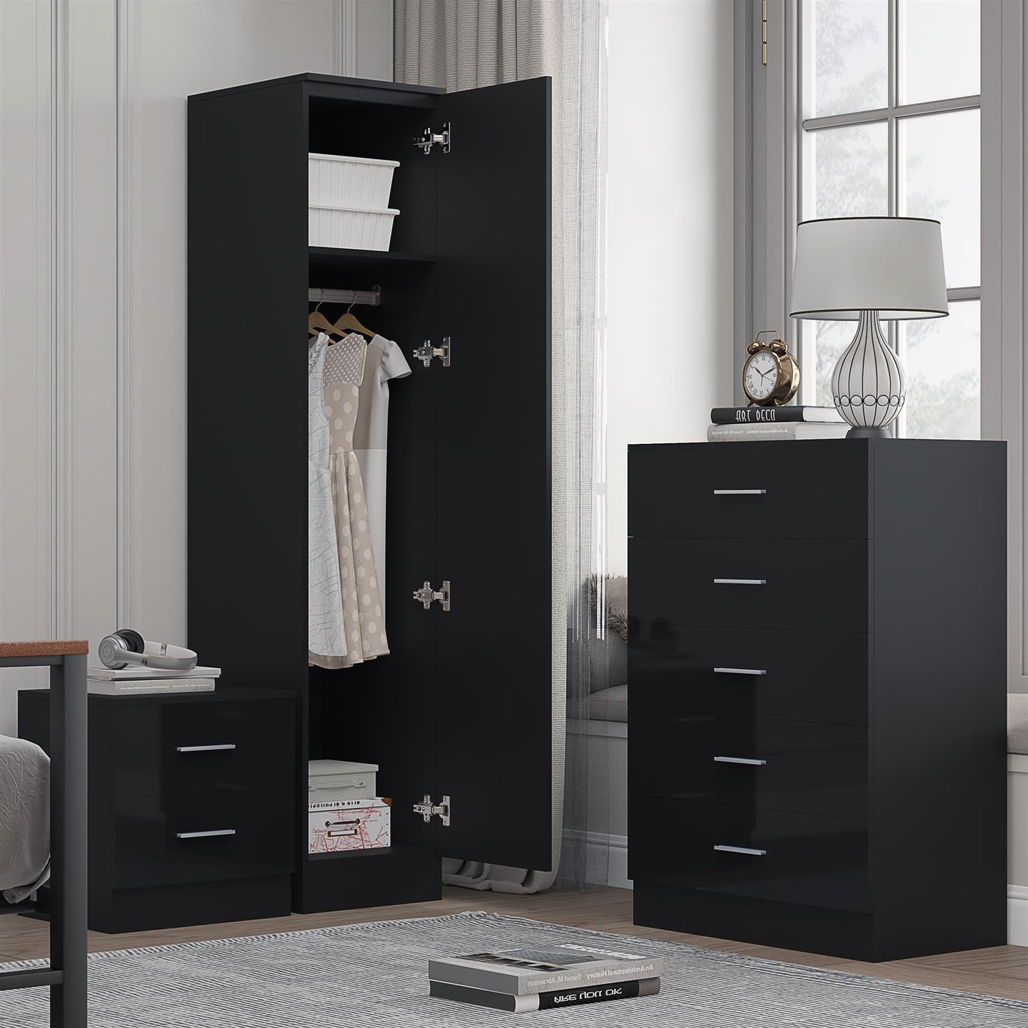 REFLECT Gloss 3pc Bedroom Set - 1 Door Wardrobe + 5 Draw Chest + Bedside