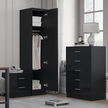 Reflect 1 Door Plain Wardrobe, 5 Drawer Chest, 2 Drawer Bedside - Black Gloss & Black Oak - Bedroom Furniture Set
