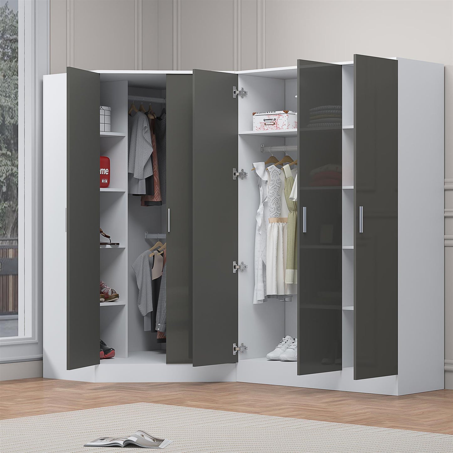 Reflect 2pc Wardrobe Bundle - 2 Door Corner + 3 Door Plain - Grey Gloss & Matt White