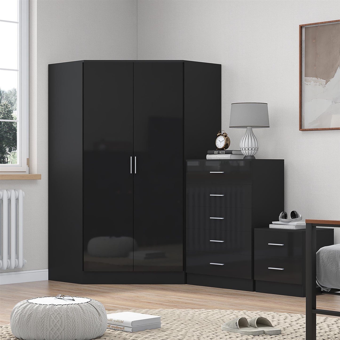 REFLECT Gloss 3pc Set - 2 Door Corner Wardrobe + 5 Draw Chest + Bedside