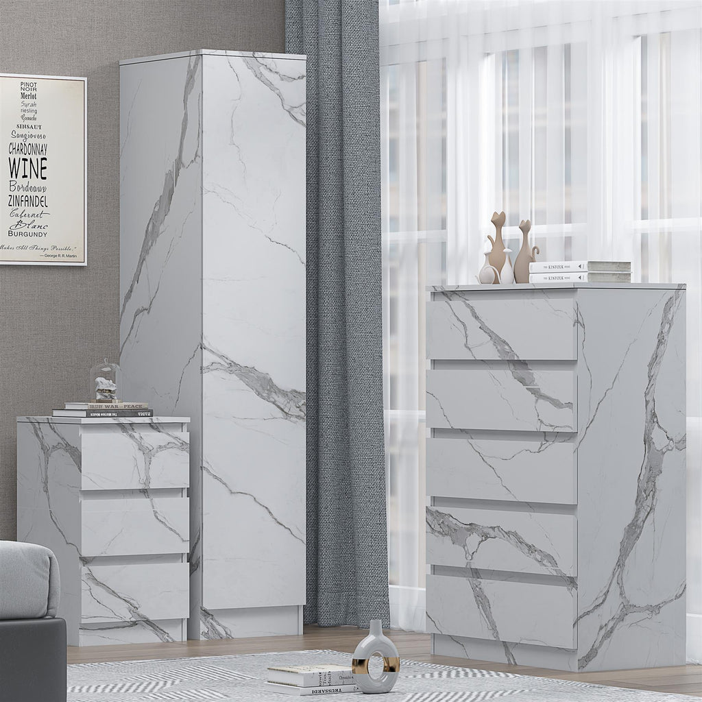 ZITA White Marble Effect 3 Piece Bedroom Set - 1-Door Wardrobe, Chest & Bedside Table, Stylish Modern Storage Furniture
