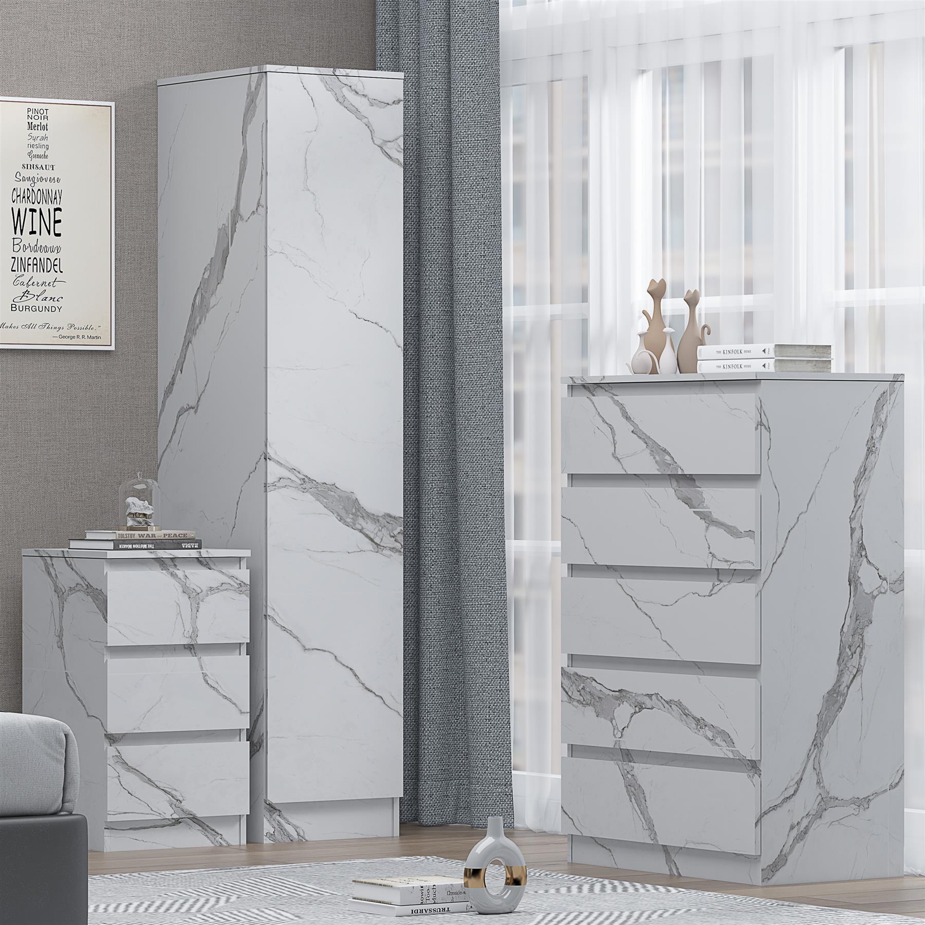 ZITA White Marble Effect 3 Piece Bedroom Set - 1-Door Wardrobe, Chest & Bedside Table, Stylish Modern Storage Furniture