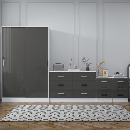 Reflect 2 Door Sliding Wardrobe, 6 Drawer Wide Chest, 2x3 Drawer Bedsides - Grey Gloss & Matt White - Modern Bedroom Furniture Set