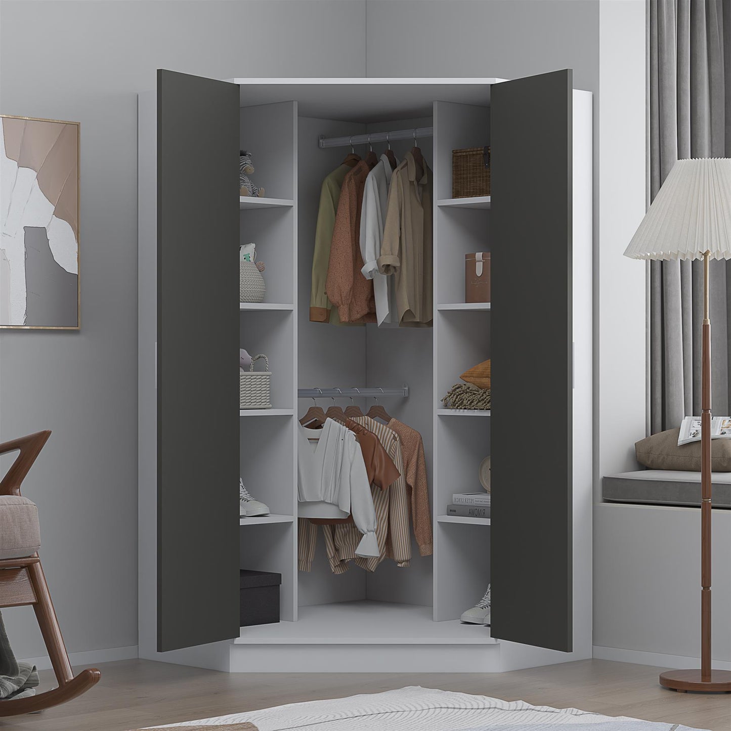 Reflect 2 Door Corner Wardrobe - Grey Gloss & Matt White - 2 Hanging Rails & 8 Shelves - Modern Design