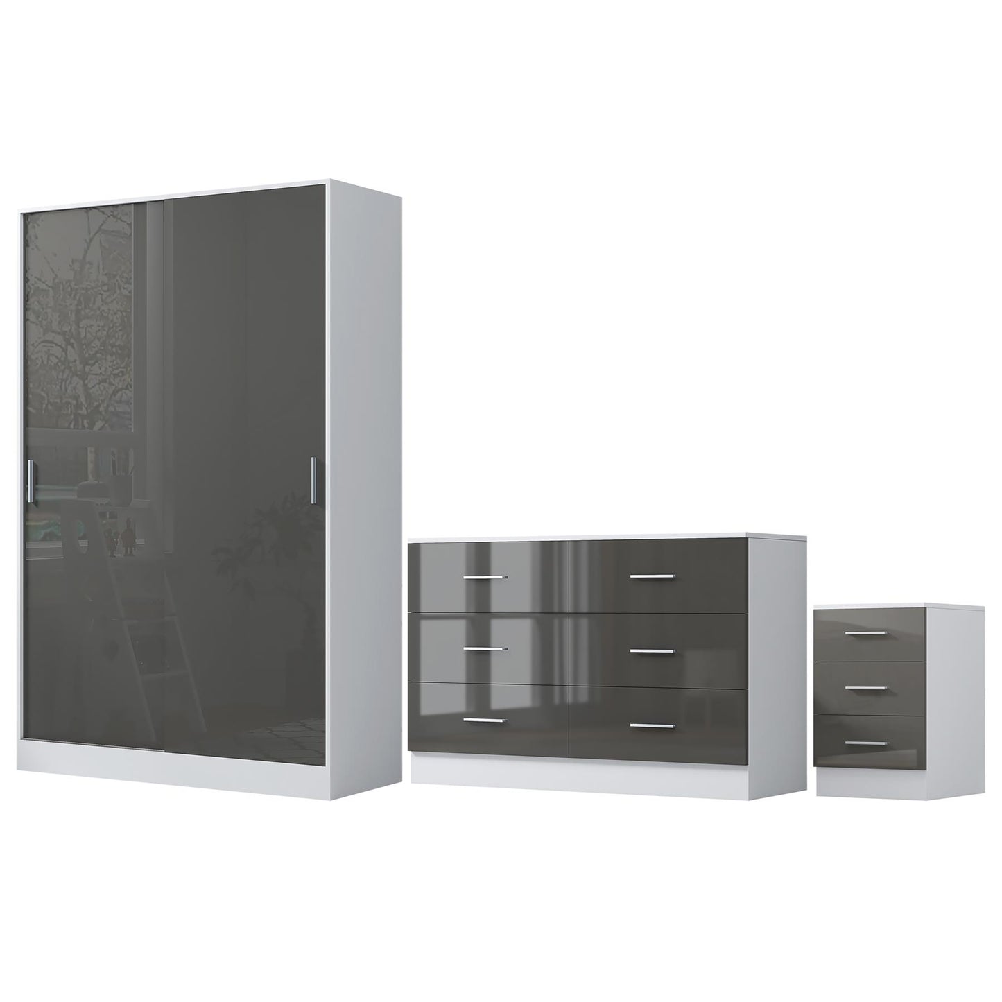 REFLECT Gloss 3pc Set - 2 Door Sliding Wardrobe + Wide Chest + Tall Bedside