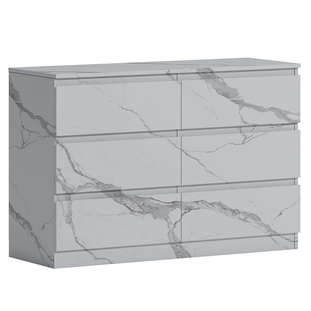 ZITA White Marble Effect 6 Drawer Chest - Wide Storage Unit, Stylish Bedroom Storage