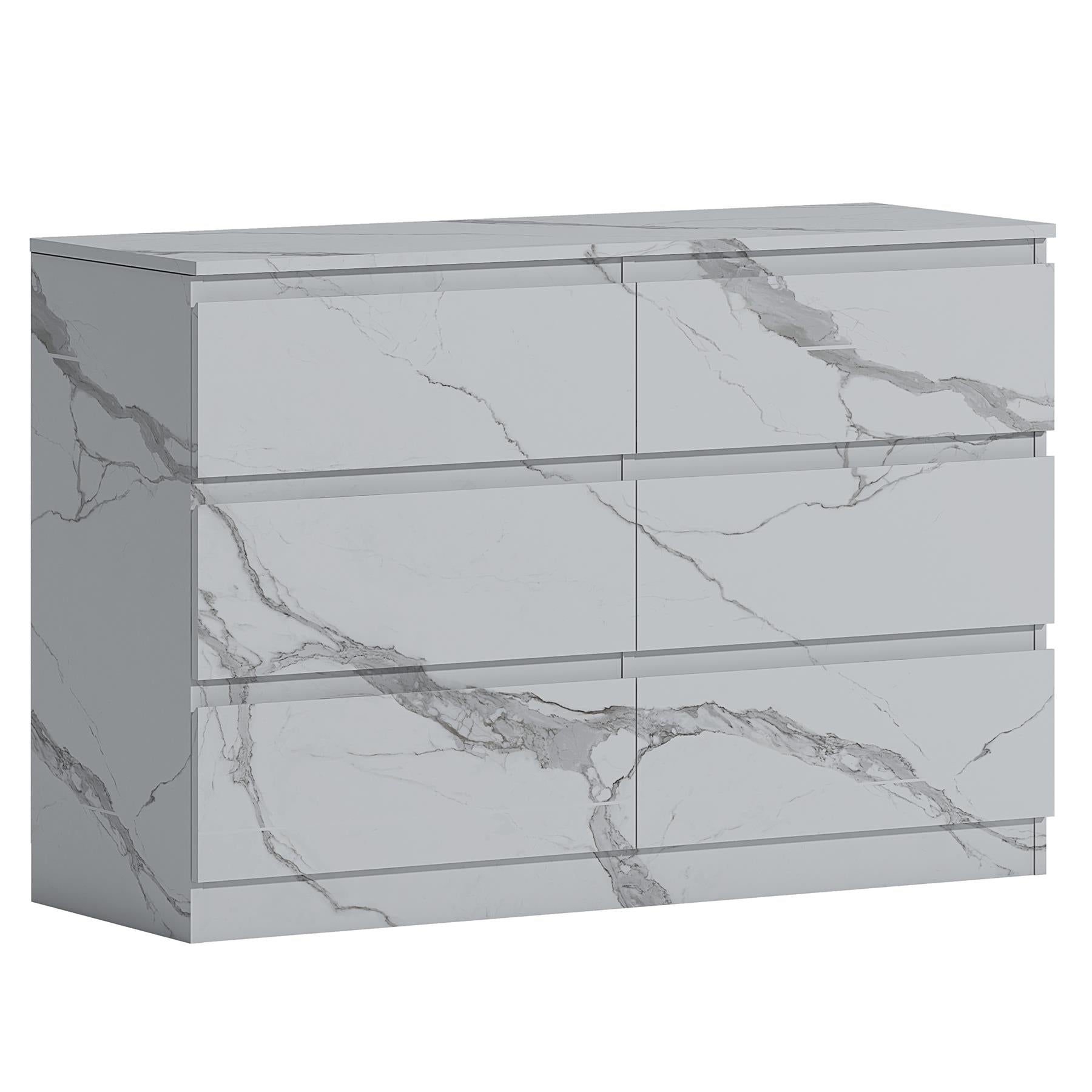 ZITA White Marble Effect 6 Drawer Chest - Wide Storage Unit, Stylish Bedroom Storage