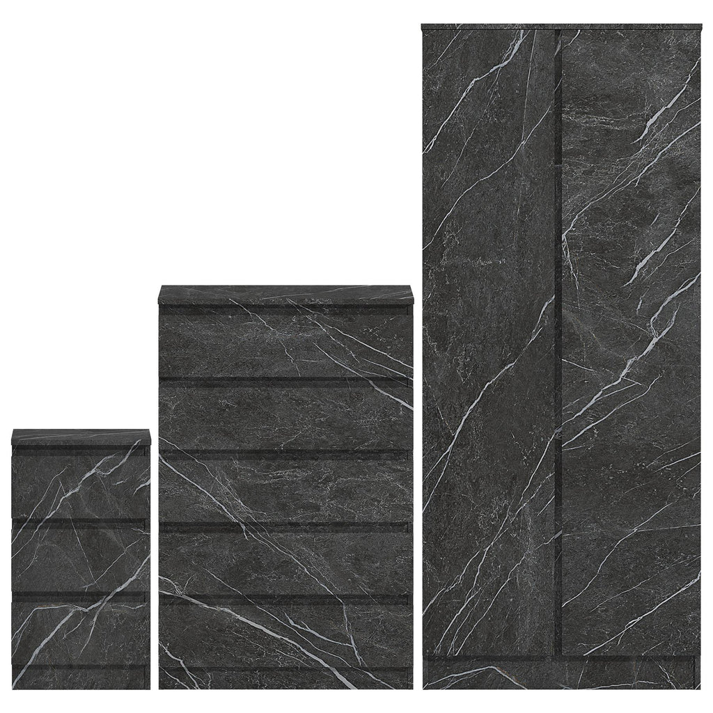 ZITA Grey Marble Effect 3 Piece Set - 2 Door Wardrobe, 5 Drawer Chest & 3 Drawer Bedside, Stylish Bedroom Storage