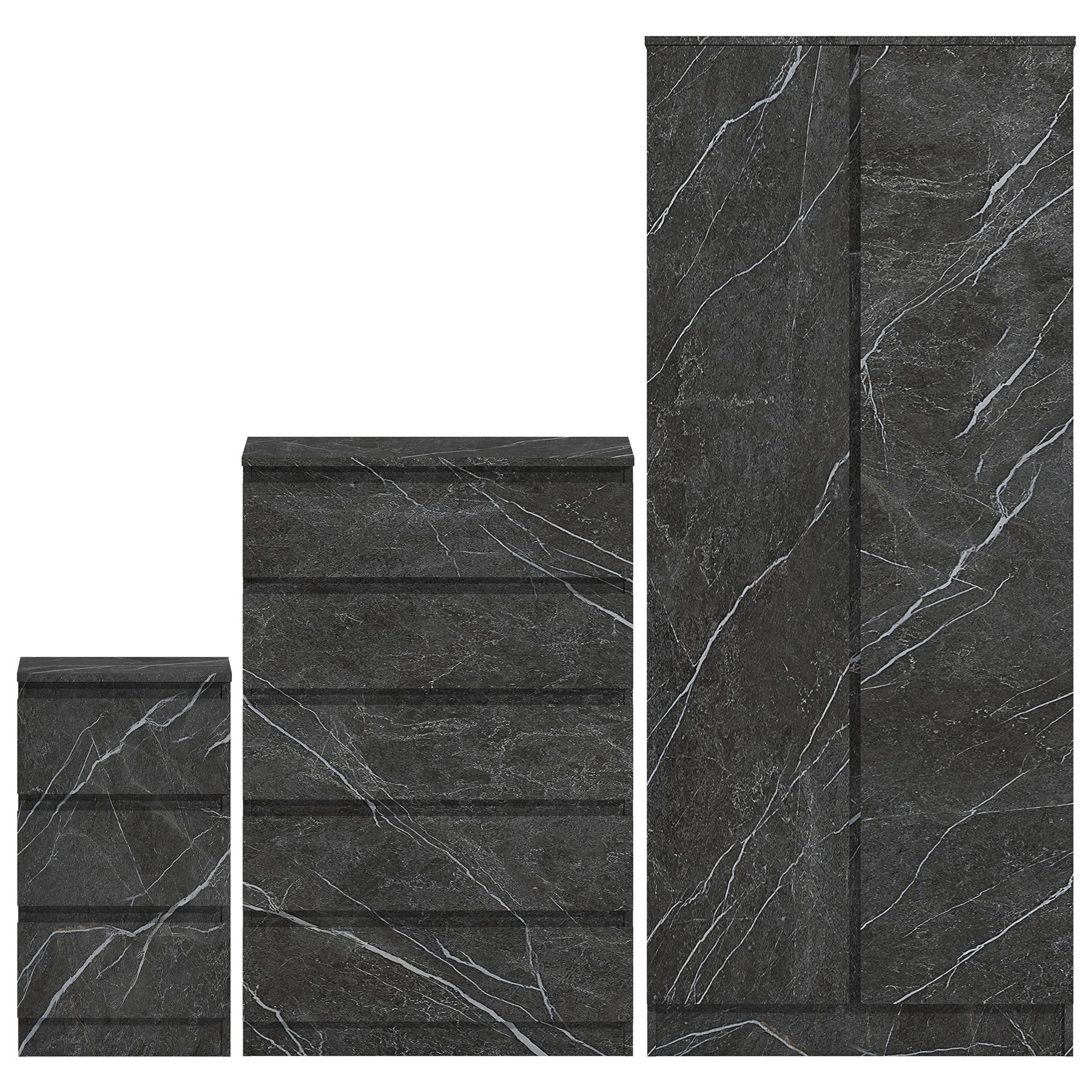 ZITA Grey Marble Effect 3 Piece Set - 2 Door Wardrobe, 5 Drawer Chest & 3 Drawer Bedside, Stylish Bedroom Storage