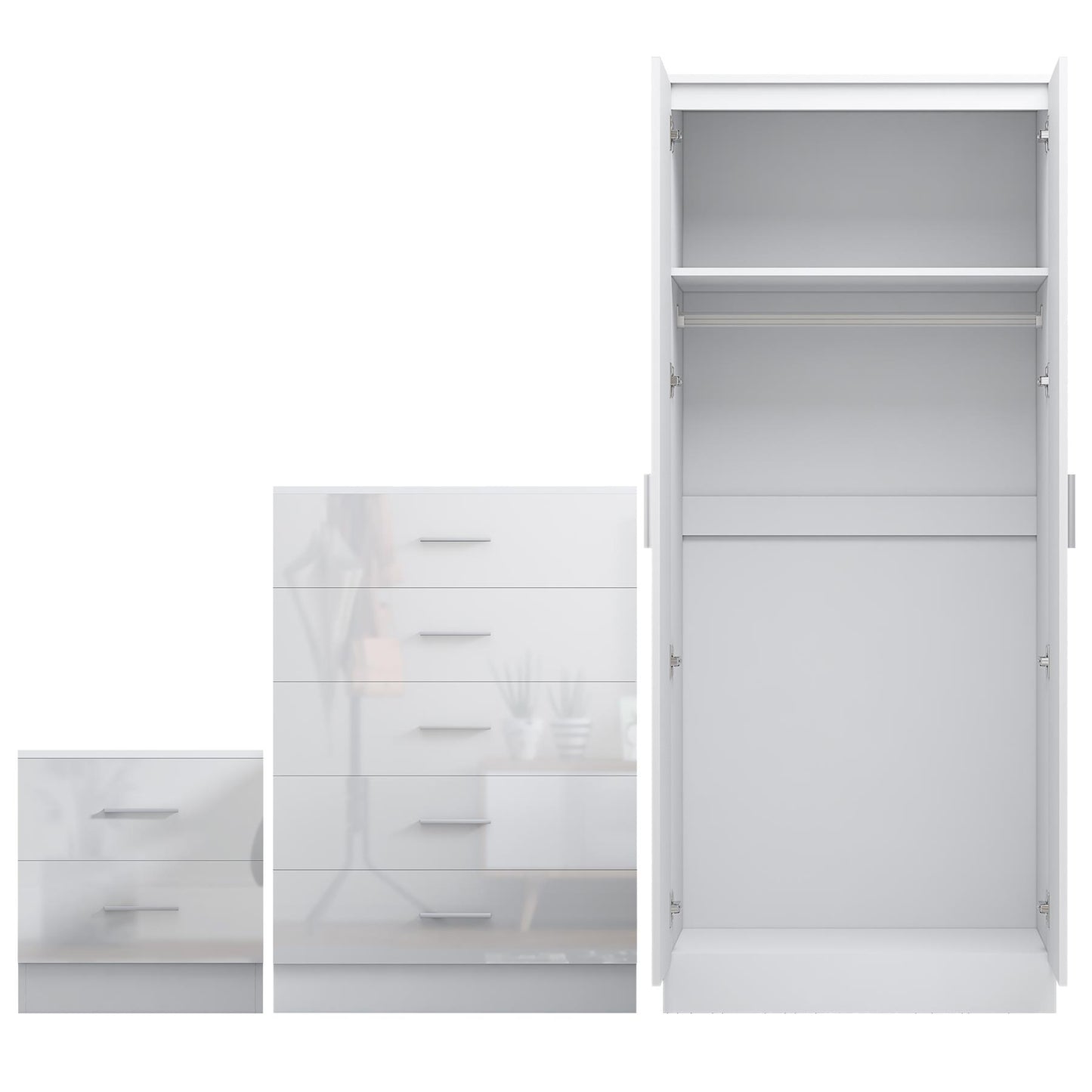 REFLECT Gloss 3pc Set - 2 Door Mirrored Wardrobe + 5 Draw Chest + Bedside