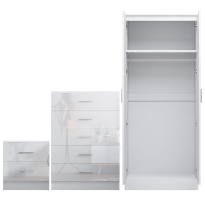 REFLECT Gloss 3pc Set - 2 Door Mirrored Wardrobe + 5 Draw Chest + Bedside