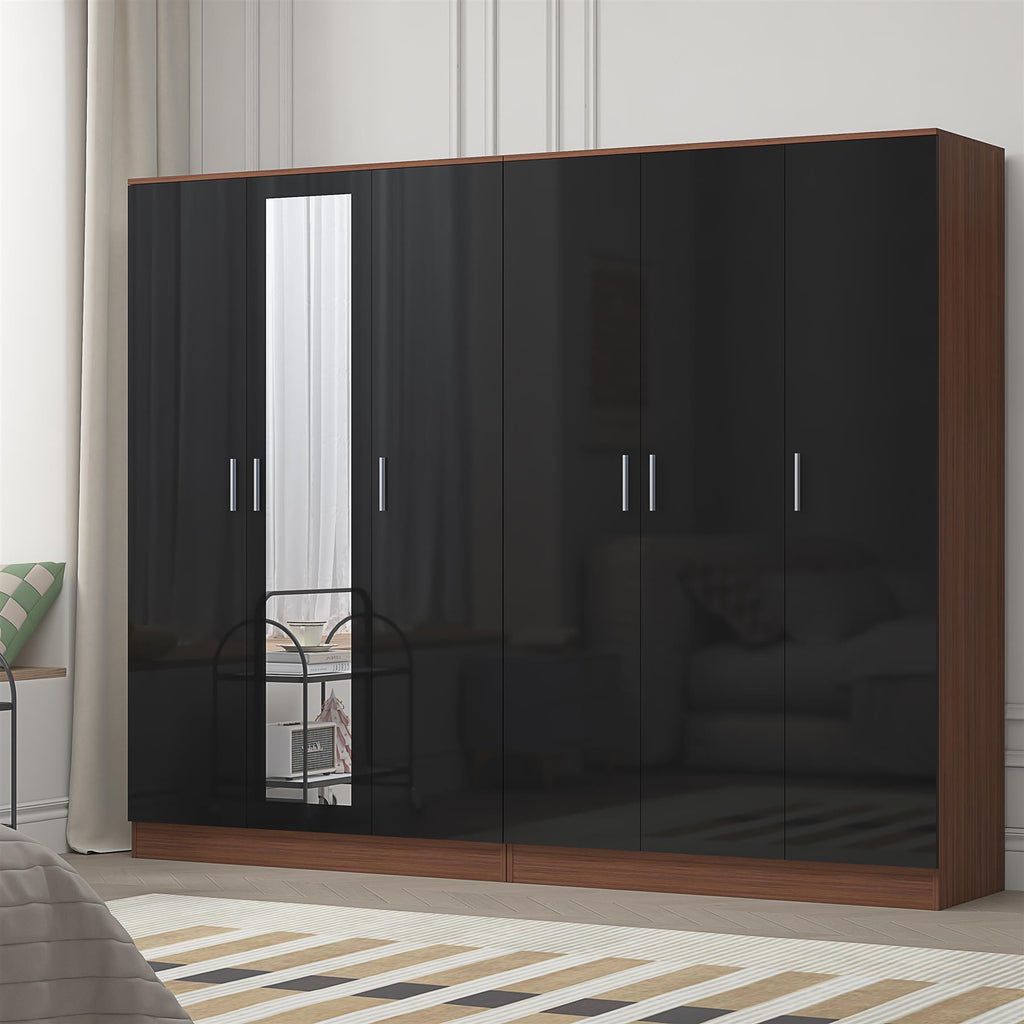 REFLECT - 3 Door MIRROR + 3 Door PLAIN Wardrobe - Gloss Black / Matt Walnut