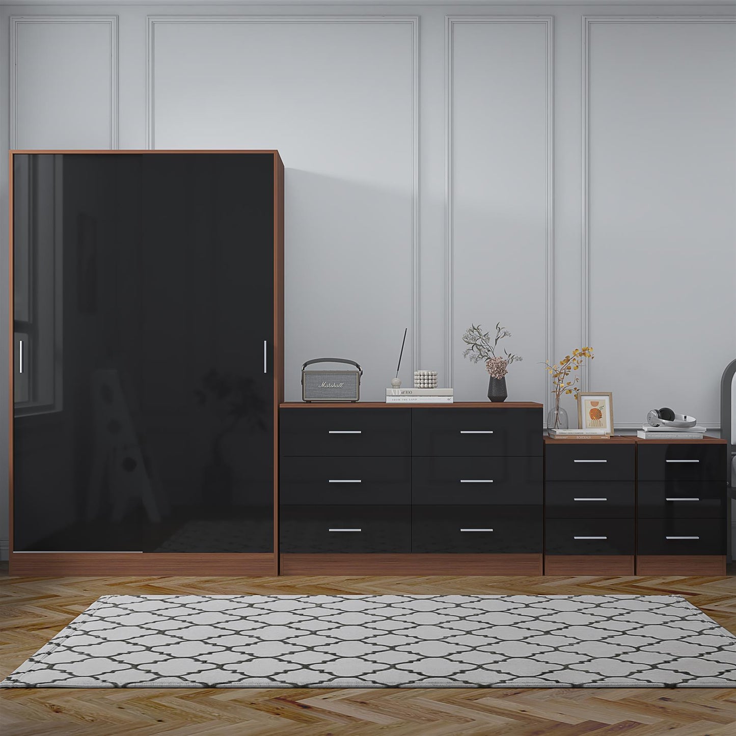 Reflect 2 Door Sliding Wardrobe, 6 Drawer Wide Chest, 2x 3 Drawer Bedsides - Black Gloss & Walnut - Modern Bedroom Furniture Set