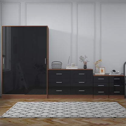 Reflect 2 Door Sliding Wardrobe, 6 Drawer Wide Chest, 2x 3 Drawer Bedsides - Black Gloss & Walnut - Modern Bedroom Furniture Set