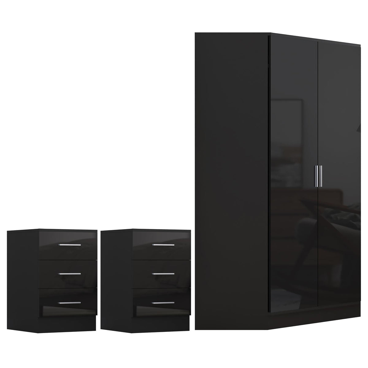 Reflect 3pc Wardrobe Bundle - 2 Door Corner + 2x 3 Drawer Bedsides - Black Gloss & Black Oak